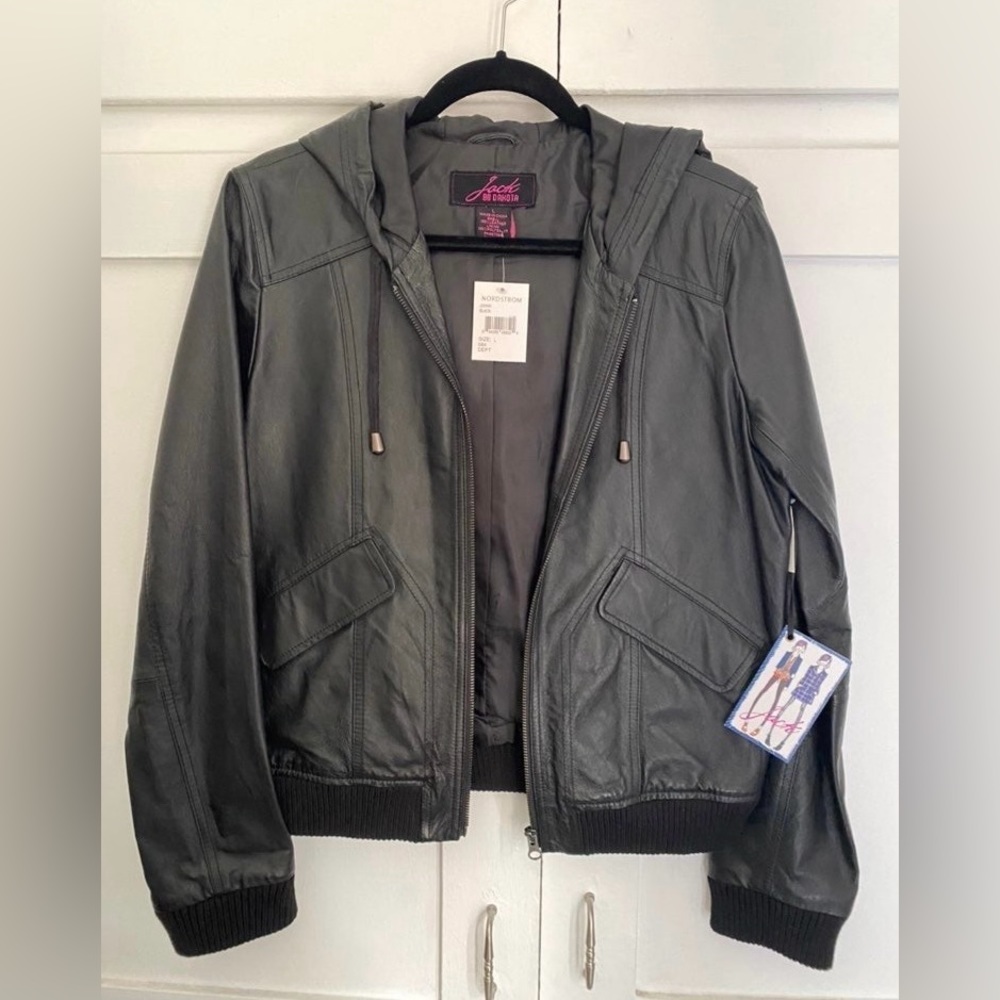 Jack by BB Dakota black leather hooded jacket sz L
